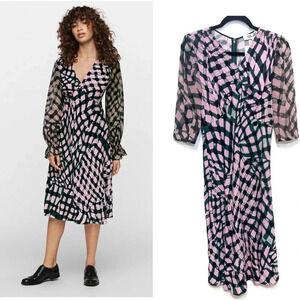 NWT Diane von Furstenberg Idris Long-Sleeve Eco-Crepe Midi Dress Floating Plaid
